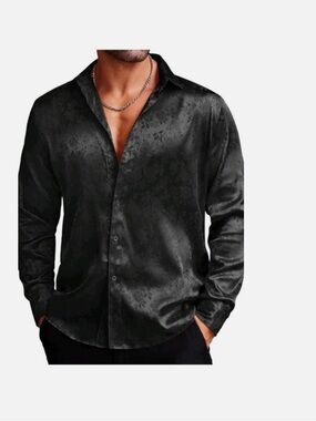 Coofandy Men's Long Sleeve Button-Up Black Satin Floral Print Size XLARGE